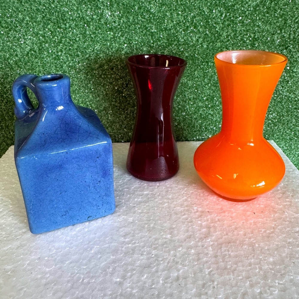 Vintage Mini Bud Vase Set Blue Ceramic Jug Red Glass Orange Cased Glass 3pc